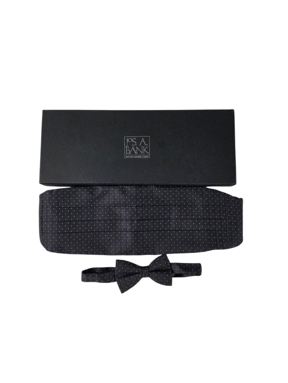 Jos A Bank Black Pindot Silk Bowtie Cummerbund Set with Box